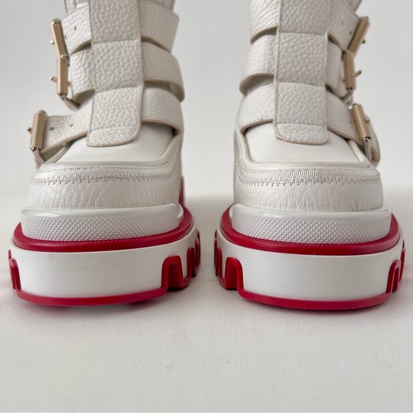 CHRISTIAN LOUBOUTIN | Dune Buckle Red Sole Ankle Platform Booties White Leather - Picture 7 of 16